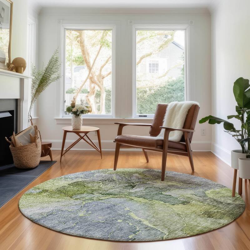 Premium Washable Super Soft Abstract Marble Mayfield Rug - Olive - 8' x 8' - Round