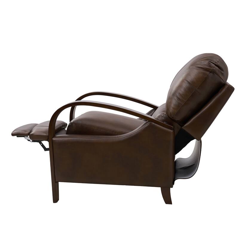 Alex Mid-century Modern Genuine Leather Manual Recliner with Wooden Curved Arms