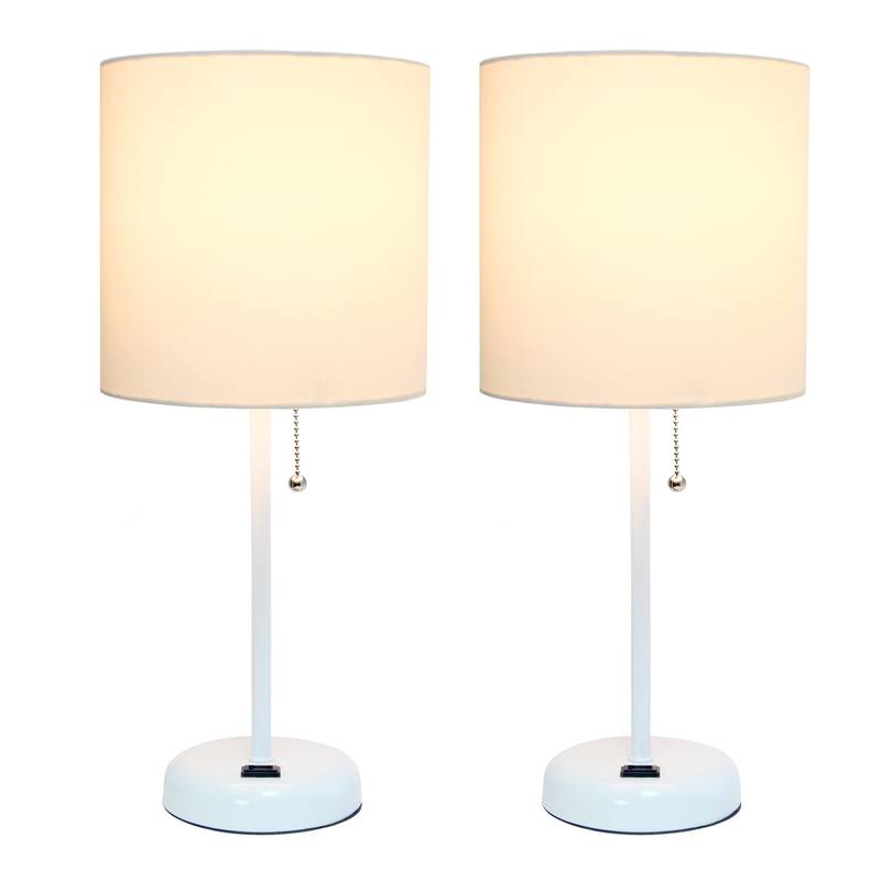 19.5 in. White Finish Table Lamp with White Shade, Durable Stick Lamp for End/Side Tables, Set of 2