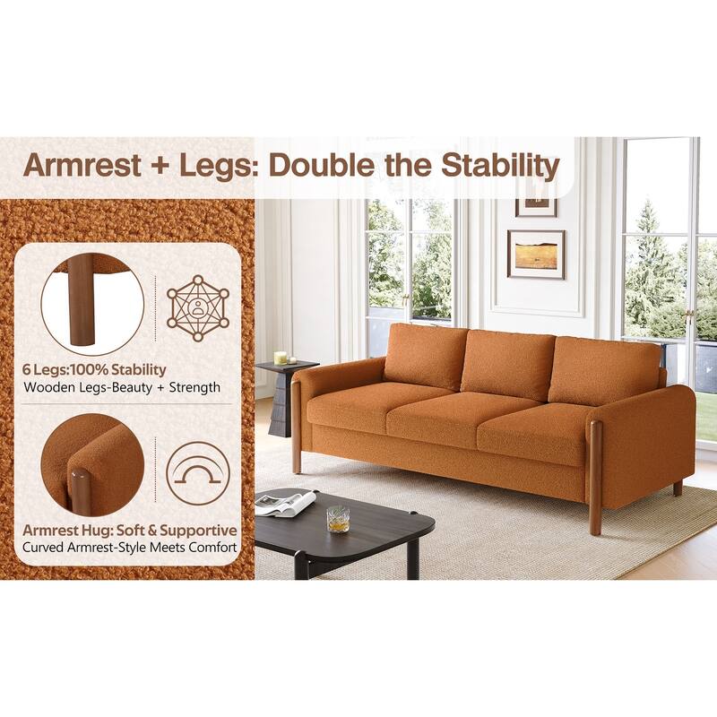 Teddy Velvet Fabric 3 Seater Sofa, Upholstered Sofa with Curved Armrest, Lounge Sofa Chair with Solid Wood Legs