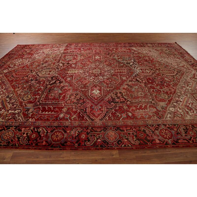 Red Geometric Heriz Persian Vintage Area Rug Hand-Knotted Wool Carpet - 9'4"x 13'5"