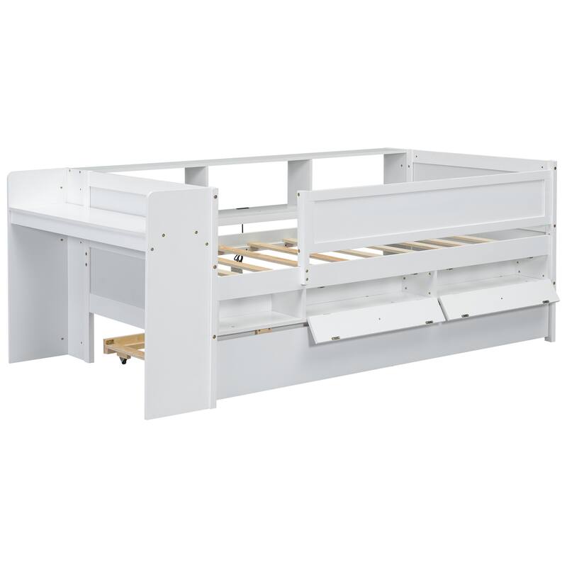 Twin Daybed with Trundle, Headboard Storage, Desk, Drawers, and USB Charging Station, Sturdy Wood Frame, No Box Spring Needed
