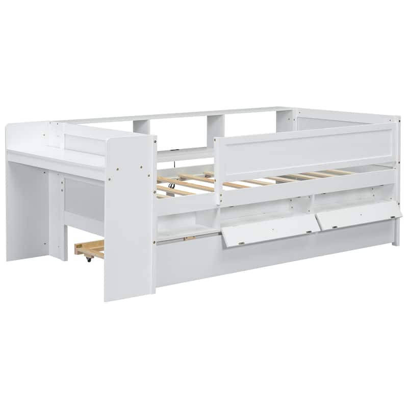 White Multi-Functional Twin Daybed with Headboard Storage, Drawers, Trundle