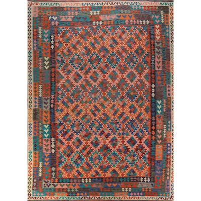 Reversable Kilim Oriental Area Rug Hand-Woven Orange Wool Carpet - 9'9"x 13'5"