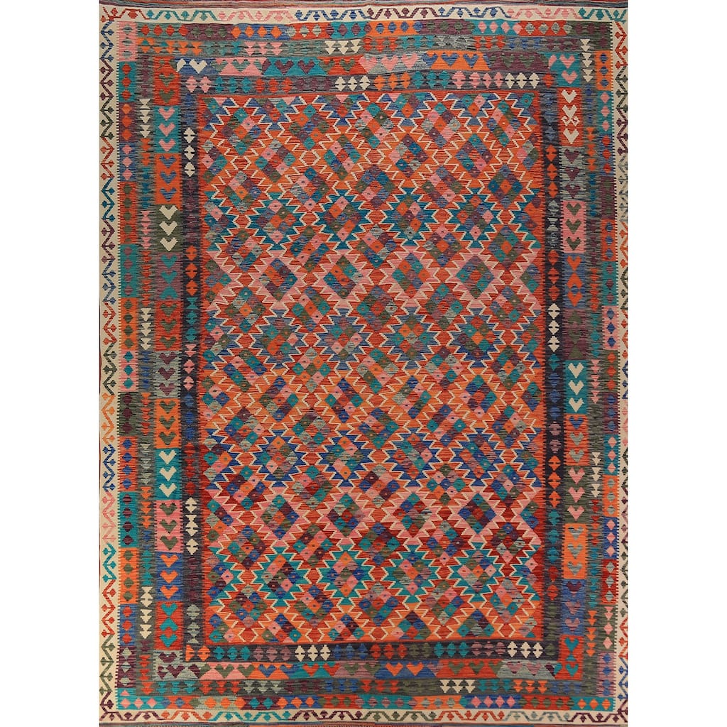 Reversable Kilim Oriental Area Rug Hand-Woven Orange Wool Carpet - 9'9"x 13'5"