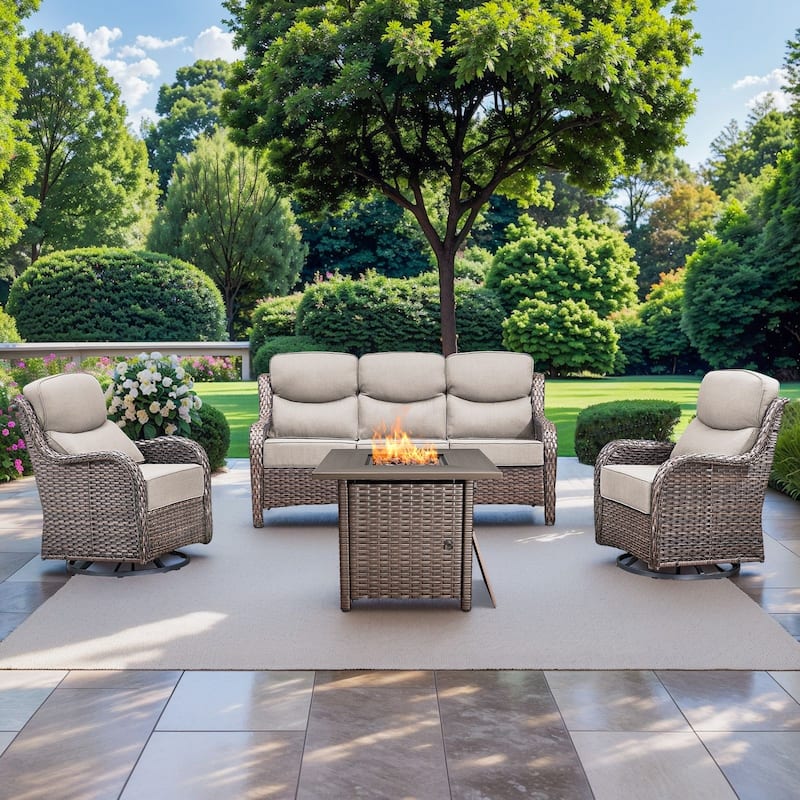 Pocassy Outdoor 6" Sofa Swivel Chairs with Fire Table Funiture - Brown Wicker Beige Cushion - 4 Pieces Sofa Chair with Fire Table
