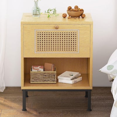 Mixoy Rattan Nightstand with Shelf, Functional Bedside Table with Drawer