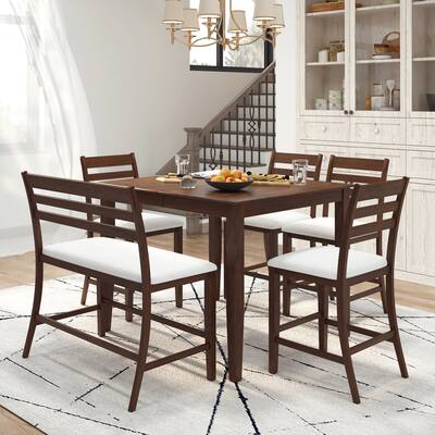 Counter Height 6-Piece Dining Table Set for 6, Extendable Dining Set with Removable Leaf and 4 Dining Chairs and Dining Bench