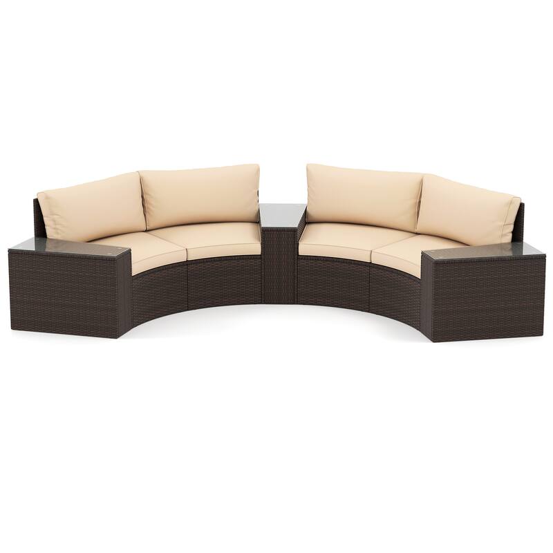 5-Piece Rattan Sectional Half-Moon Outdoor Patio Furniture Set with Beige Cushions and Glass Tables - Multi
