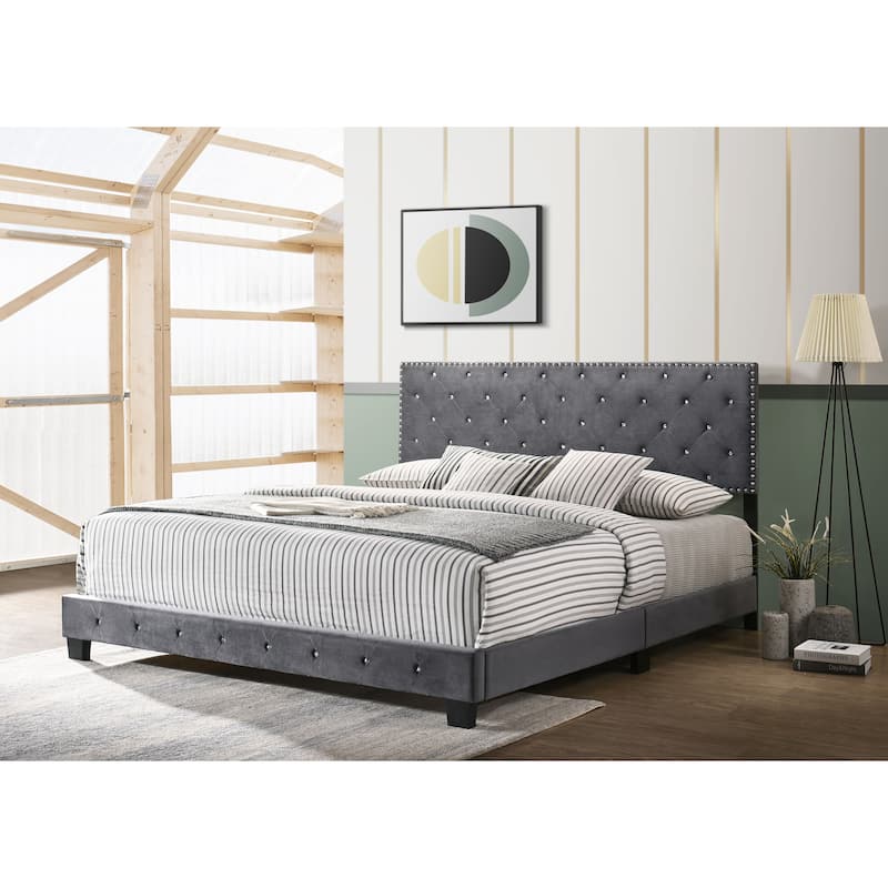 Suffolk Velvet Upholstered Jewel Accent Tufted Nailhead Panel Bed - Grey - King