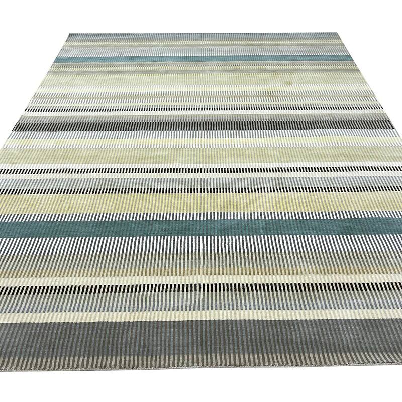 Light Green Hand-Knotted Wool Knotted Striped Rug, 6' x 9', plush stylish floor accent - L