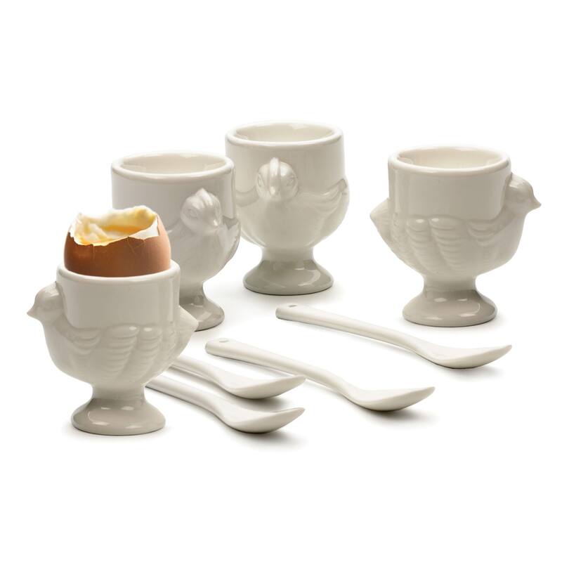 Porcelain Egg Cups & Spoons - Set Of 8 (4C + 4Sp)