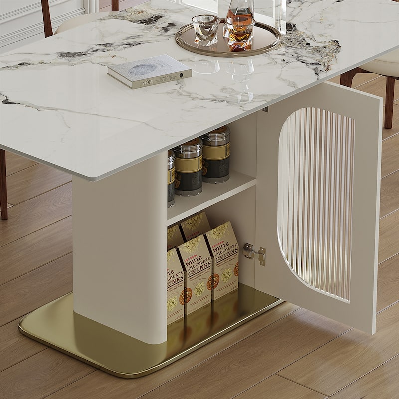 Modern Dining Table with Storage Shelf & Acrylic Door Cabinet