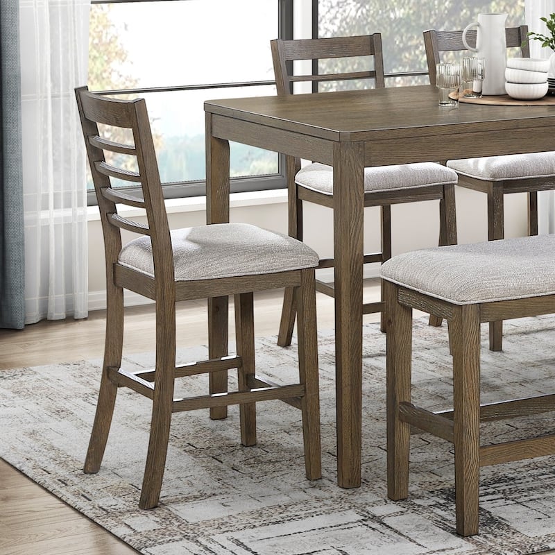 6pcs Dining Furniture Set Counter Height Table Chairs Bench Upholstered Seat Cushion Light Brown Finish
