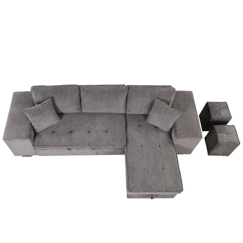 Modern L-Shape 3 Seat Reversible Sectional Couch, Pull Out Sleeper Sofa with Storage Chaise and 2 Stools