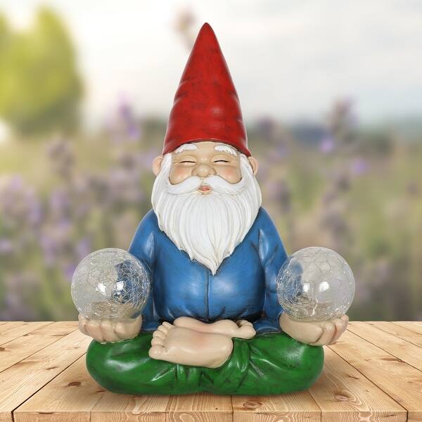 Exhart Good Time Solar Gnamaste Meditating Yoga Gnome with Two Crackle Glass  Firefly Balls Garden Statue, 11 Inch - Overstock - 27913252