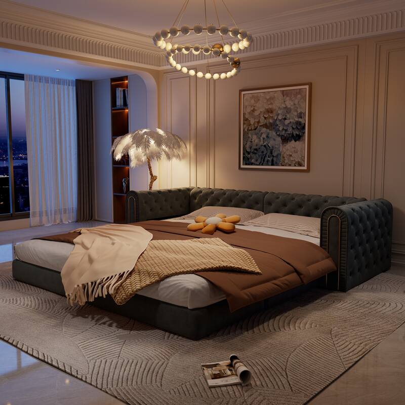 90.6" Velvet Pull Out Sofa Bed, 3-in-1 Convertible Sleeper Sofa with Movable Ottoman, Modern Button Tufted Chesterfield Sofa