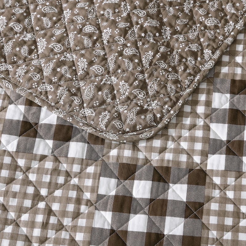 Eddie Bauer Gingham Patchwork Cotton Reversible Brown Quilt Set