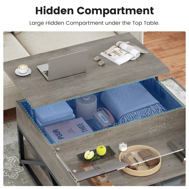 Coffee Table Lift Top 2 Drawers Hidden Compartment for Living Room