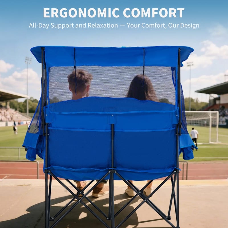 Double Beach Chair with Canopy Shade, Cup Holder and Side Pocket
