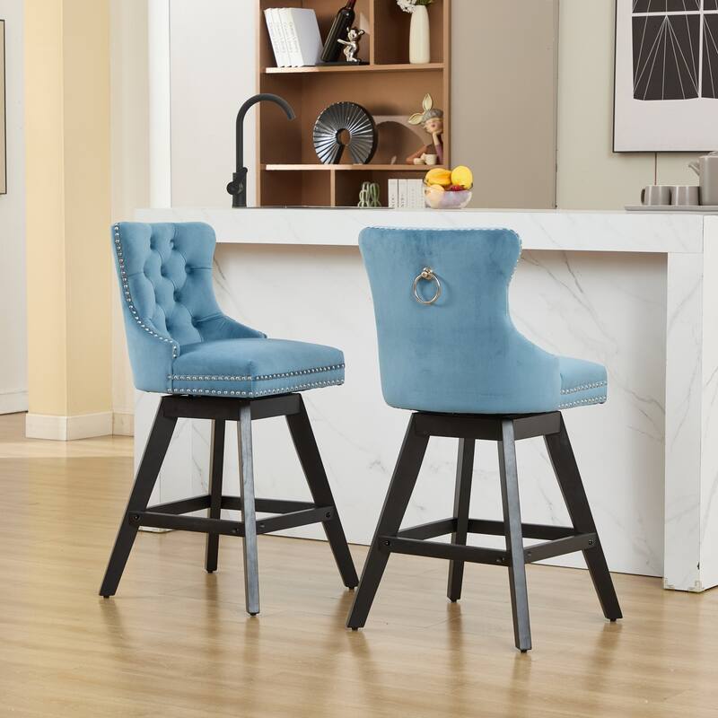 Velvet Swivel Bar Stools Set of 2, Button Tufted Rivet Trim Dining Room Chairs, Kitchen Stools with Wooden Legs