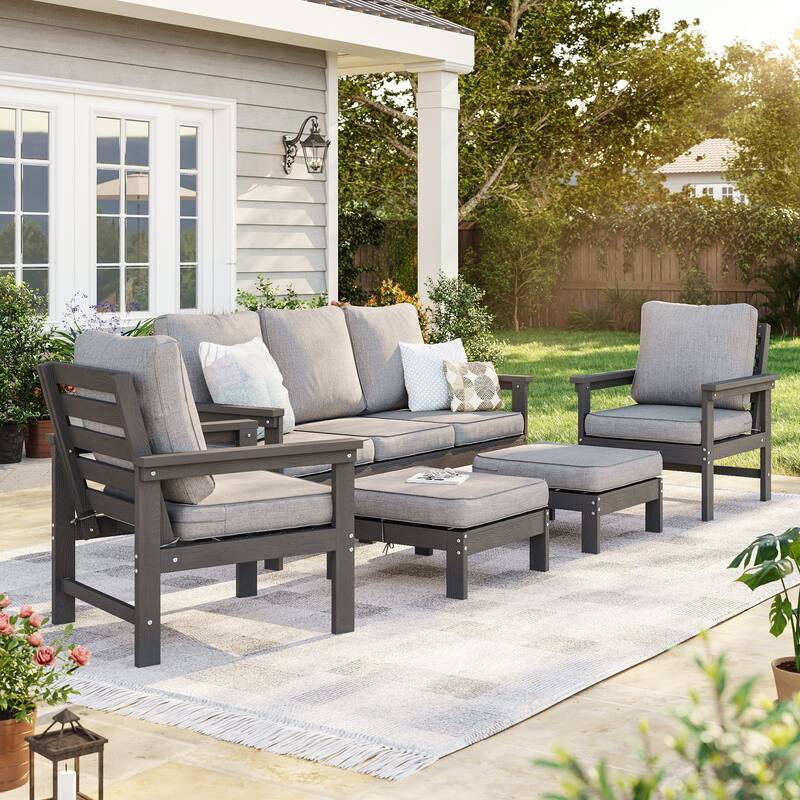 HIPS Outdoor Sofa Set with 3.9 Inch Cushions & Ottoman (Set of 5) - Gray/Light Gray