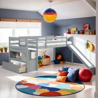 Twin Low Loft Bed with Stairs and Slide, White
