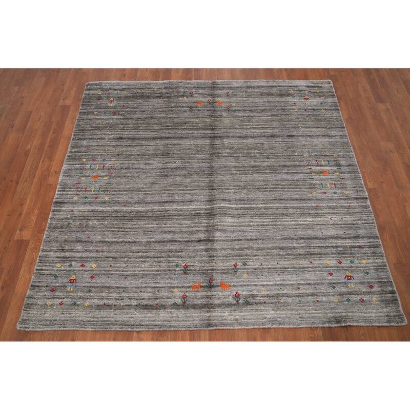 Hand Knotted Oriental Viscose Silk Carpet Tribal Animal Pictorial Greys & Charcoal Gabbeh Area Rug - 5' 9'' X 5' 5''