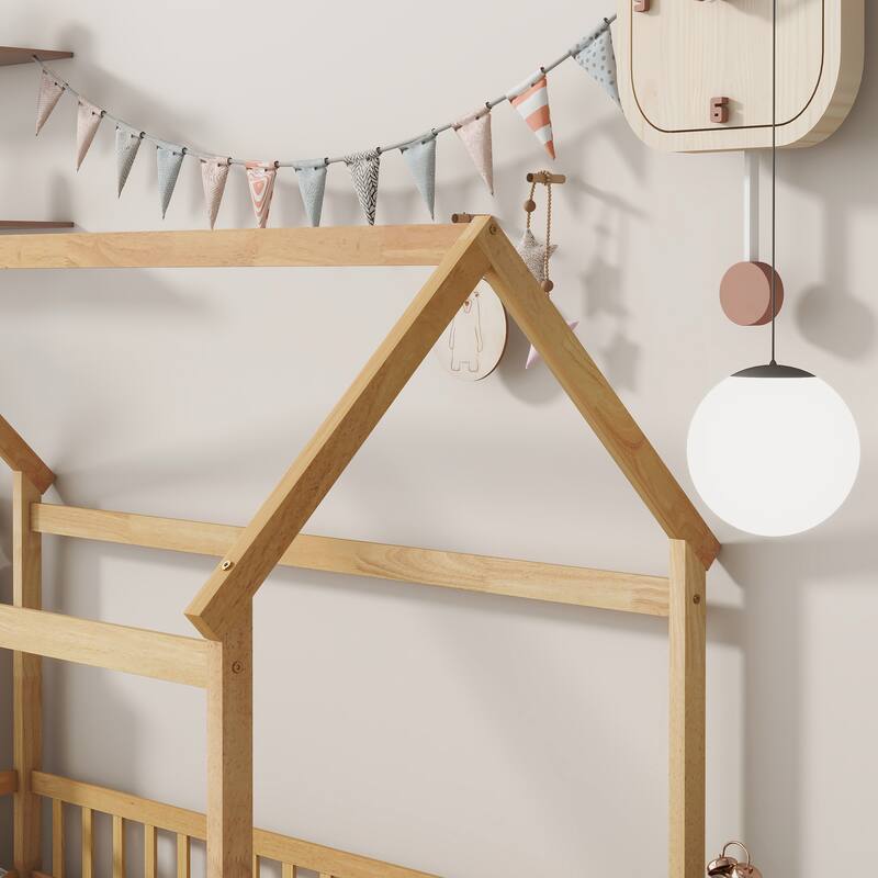 House Floor Wooden Bed with Roof Frame