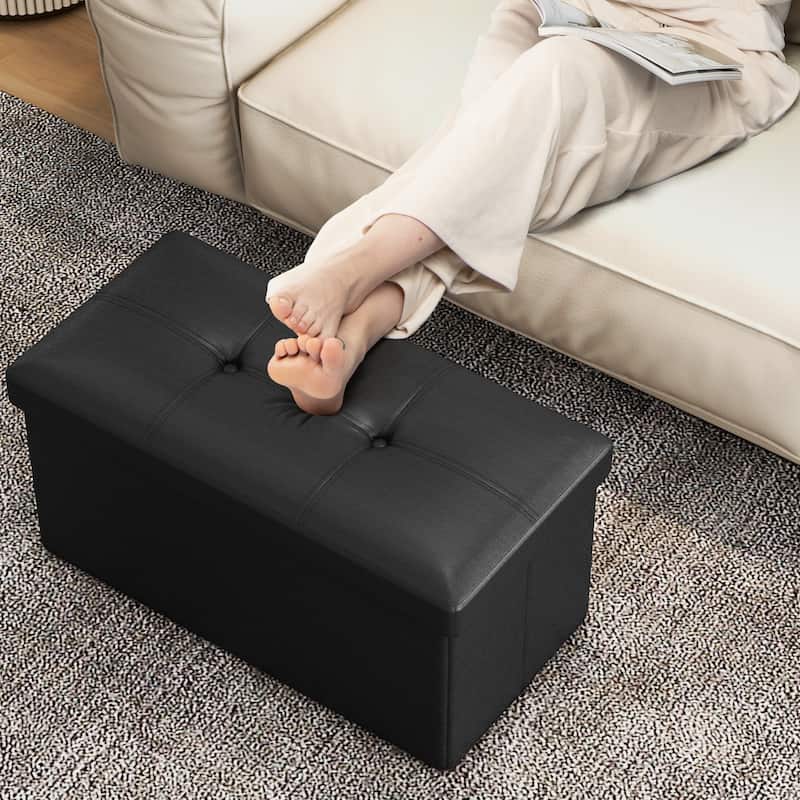 Costway Folding Storage Ottoman Upholstered Rectangle Footstool PVC
