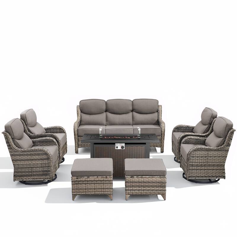 Arcadia 8-Piece PE Wicker Patio Seating Set with Durable All-Iron Fire Pit and 6-Inch Cushions