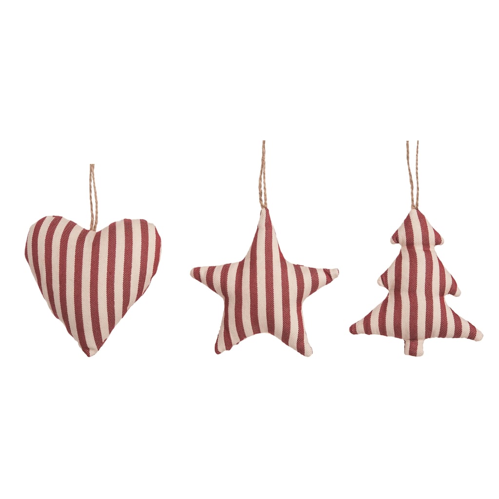 Transpac Fabric Stripe Heart/Tree/Star Ornament Set of 3 Christmas Home Decorations