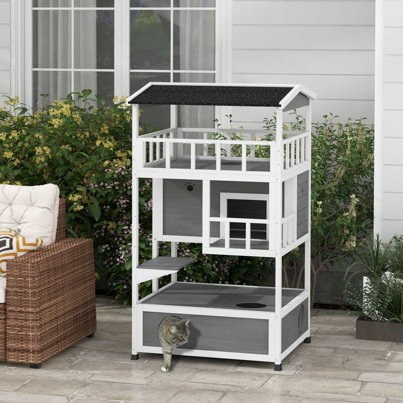 PawHut Wooden Outdoor Cat House, Feral Cat Shelter Kitten Condo with Asphalt Roof - Light Gray