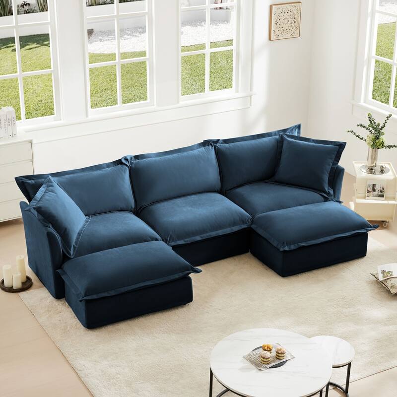 Modern 3 Seater Upholstered Sofa with 2 Ottomans and 2 Pillows