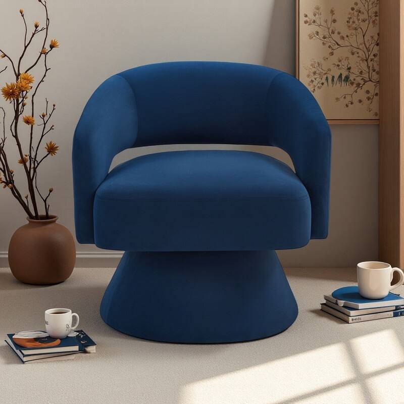 Velvet 360° Swivel Barrel Chair with Rotating Open-Back and Solid Wood Base - Navy