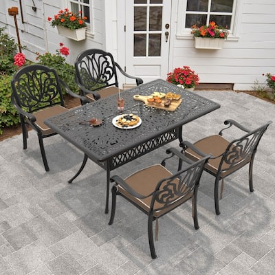 5-Piece Cast Aluminum Outdoor Dining Set with Brown Cushions