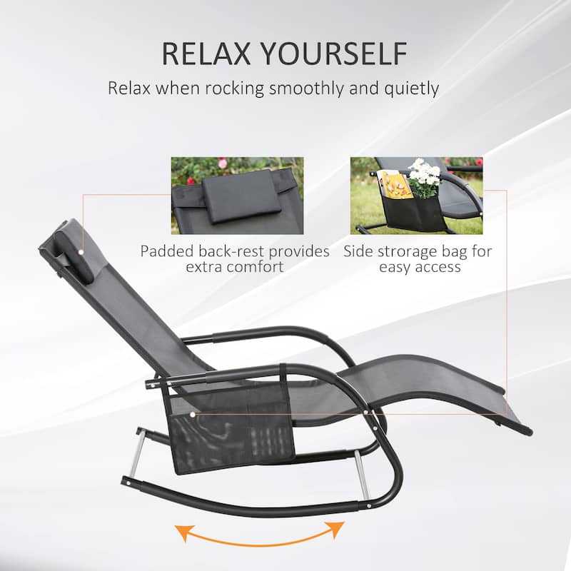Outdoor Rocking Chaise Lounge Chair with Headrest Armrests and Side Pocket Breathable Mesh Recliner - 59" L x 24.5" W x 34.75" H