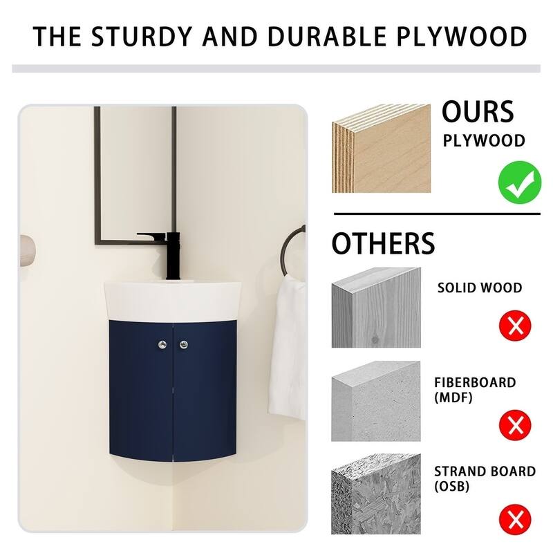 Malwee 13" Corner Floating Bathroom Vanity, Mini Wall Mounted Bathroom Vanity with Ceramic Sink,Soft Close Door and Shelf