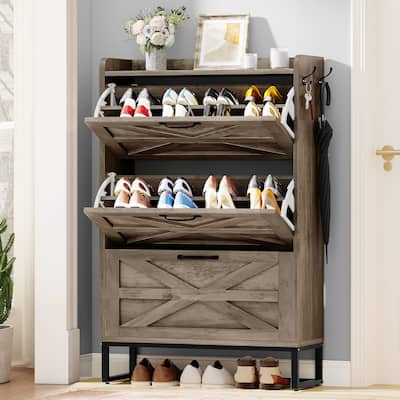 Moasis Farmhouse 3 Flip Shoe Storage Cabinet 16 Pairs Drawers Freestanding Shoe Organizer - 31.4"L x 9.4"W x 53.1"H