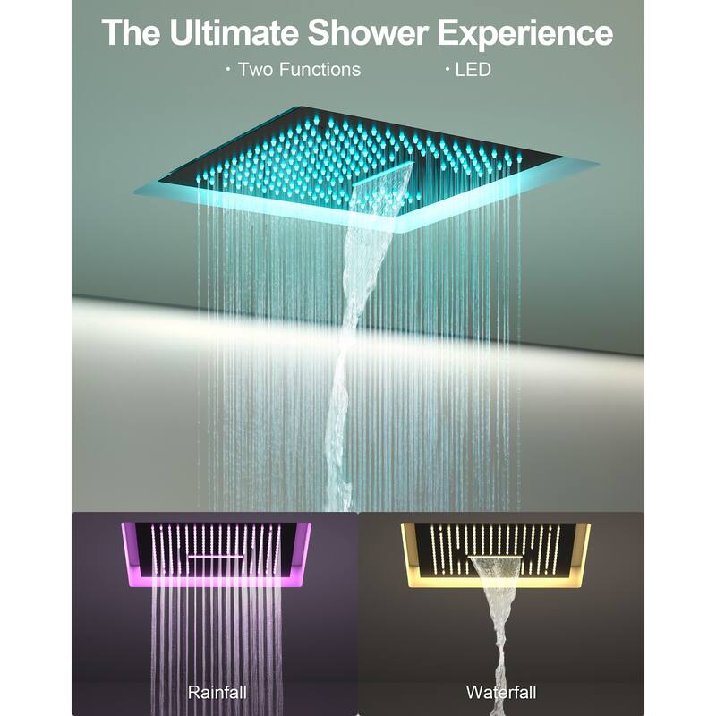 GRANDJOY LUXURY 16 inch Ceiling Mount Rainfall Waterfall Shower Head LED Temperature Display Body Jets Shower System