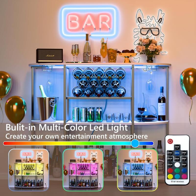 BOSSIN Wine Rack with Power Outlet and LED Lights, Home Bar Table Cabinet for Liquor with Fireplace,4-Tier Storage Glass Holder