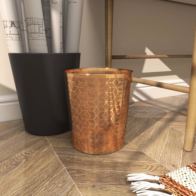 CosmoLiving by Cosmopolitan Gold Metal Small Waste Bin with Laser Carved Floral Design - 9 x 9 x 10