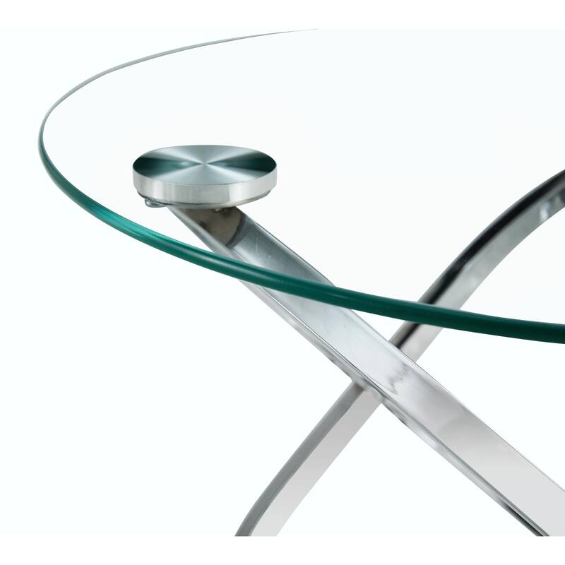 Modern Round Clear Glass Coffee Table with Tempered Glass and Stainless Steel Base