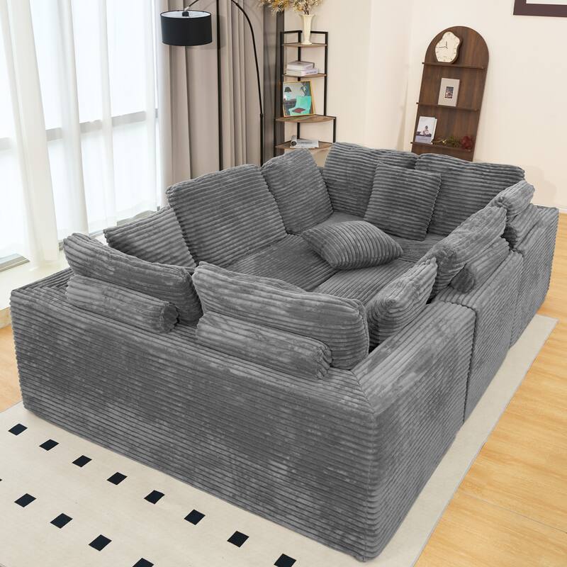 Pet Friendly Corduroy Sleeper Sofa Bed Modular U-Shaped Sectional Sofa with Chaise Lounge, Floor Standing Couch with Pillows