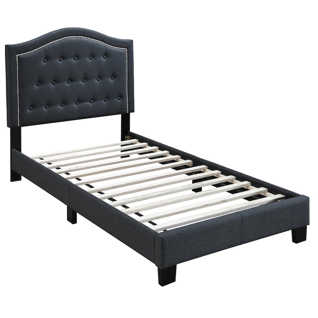 Upholstered Bed Frame Twin Size - Fabric Bed with Slats - Modern Design Charcoal