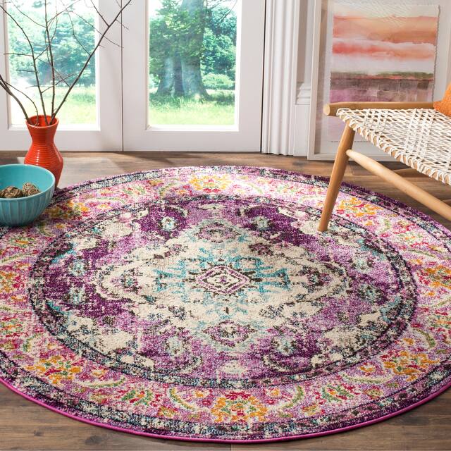 SAFAVIEH Monaco Lillie Boho Medallion Distressed Area Rug - 5' x 5' Round - Violet/Light Blue