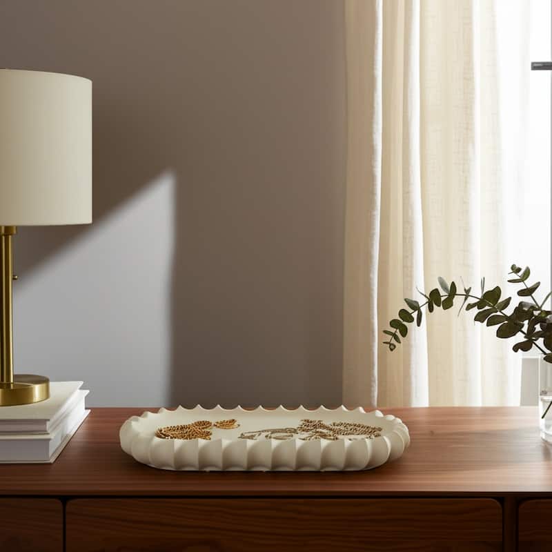 Ceramic Decorative Tray Sculpted Edge Design Modern Decor - 3" Ivory - 18" x 8" x 3"