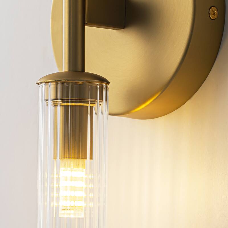 2-Light Mid-Century Modern Brushed Gold/Matte Black Finish Linear Vanity Light with Clear Striped Glass for Bathroom