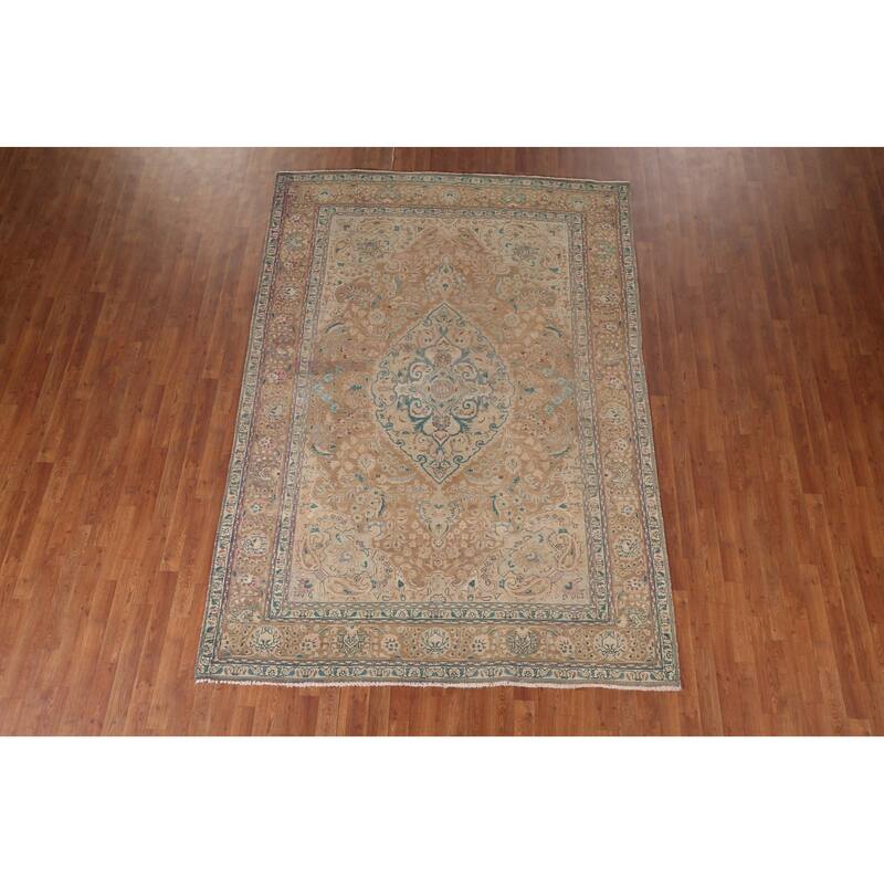 Light Brown Tabriz Persian Vintage Area Rug Handmade Wool Carpet - 6'7"x 9'7"