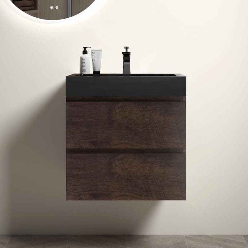 36"/30"/24" Floating Bathroom Vanity with Sink, Wall-Mounted Storage Cabinet - Black+Walnut - 24" Width